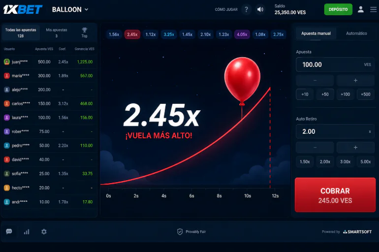 Interfaz principal con multiplicador creciente en Balloon de 1xBet - 1xbet-app-ve.com