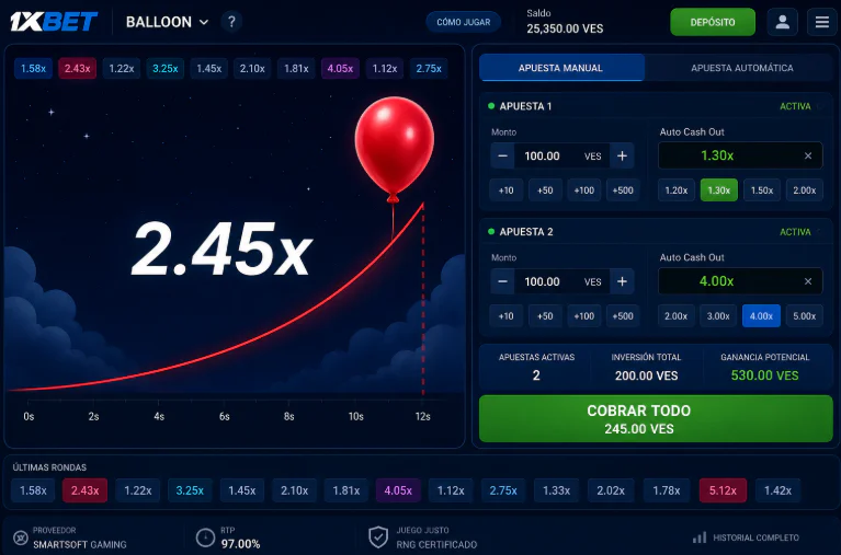 Panel de apuestas y función de retiro automático en Balloon 1xBet - 1xbet-app-ve.com