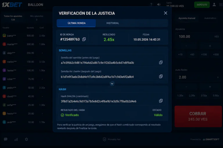 Verificación de transparencia y algoritmo Provably Fair en Balloon 1xBet - 1xbet-app-ve.com