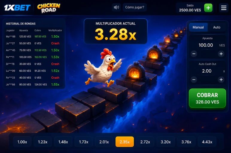 Interfaz principal con multiplicador creciente en Chicken Road de 1xBet - 1xbet-app-ve.com