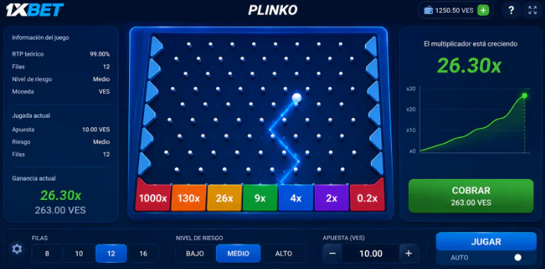 Interfaz principal con multiplicador creciente en Plinko de 1xBet - 1xbet-app-ve.com