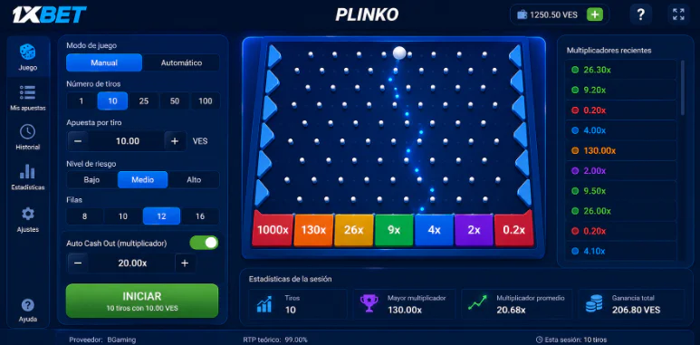 Panel de apuestas y función de retiro automático en Plinko 1xBet - 1xbet-app-ve.com