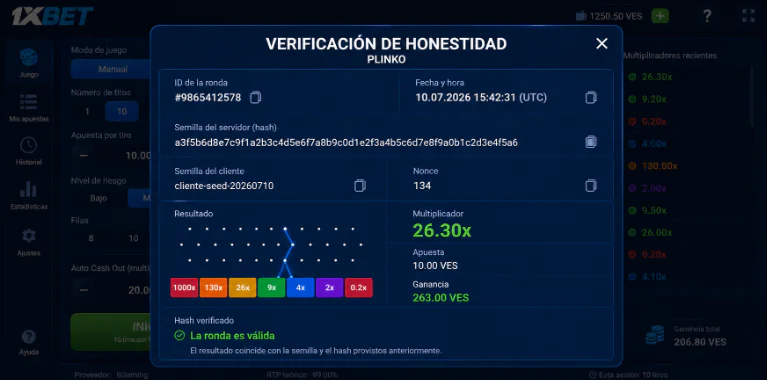 Verificación de transparencia y algoritmo Provably Fair en Plinko 1xBet - 1xbet-app-ve.com