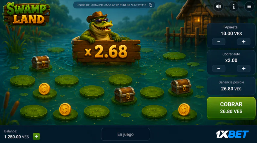 Interfaz principal con multiplicador creciente en Swamp Land de 1xBet - 1xbet-app-ve.com