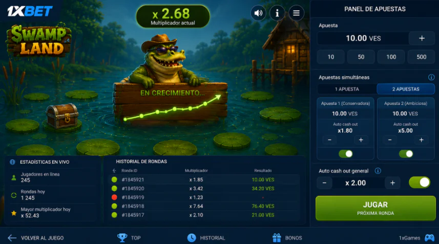 Panel de apuestas y función de retiro automático en Swamp Land 1xBet - 1xbet-app-ve.com