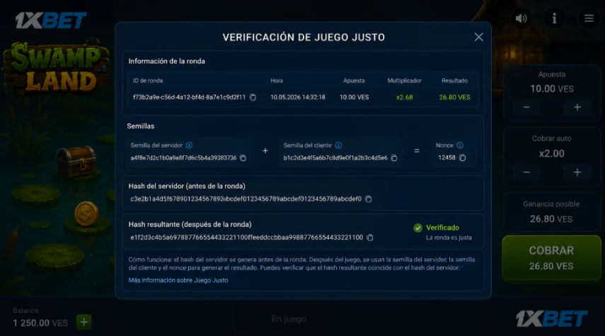 Verificación de transparencia y algoritmo Provably Fair en Swamp Land 1xBet - 1xbet-app-ve.com
