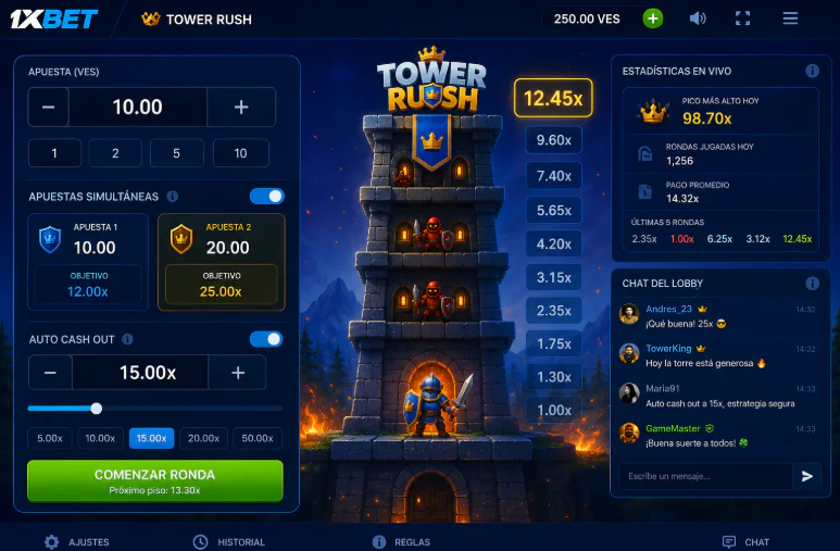 Panel de apuestas y función de retiro automático en Tower Rush 1xBet - 1xbet-app-ve.com