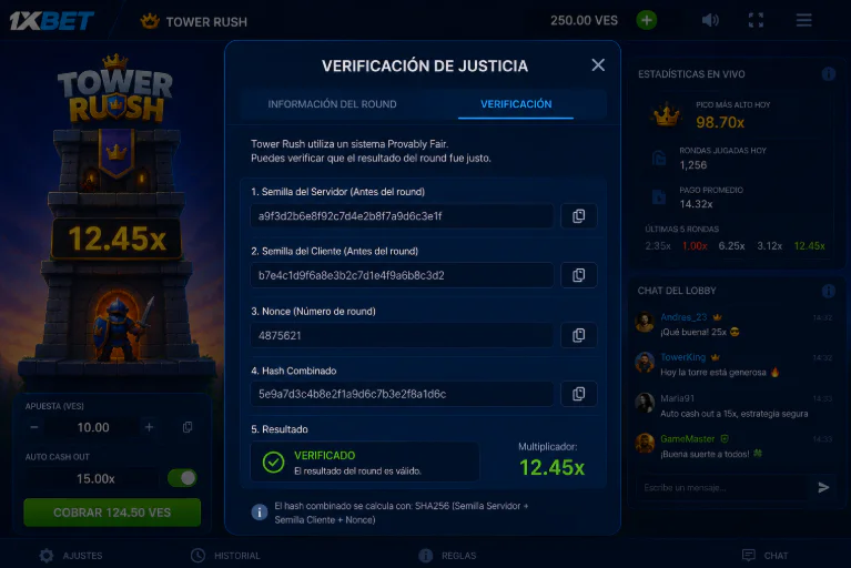 Verificación de transparencia y algoritmo Provably Fair en Tower Rush 1xBet - 1xbet-app-ve.com