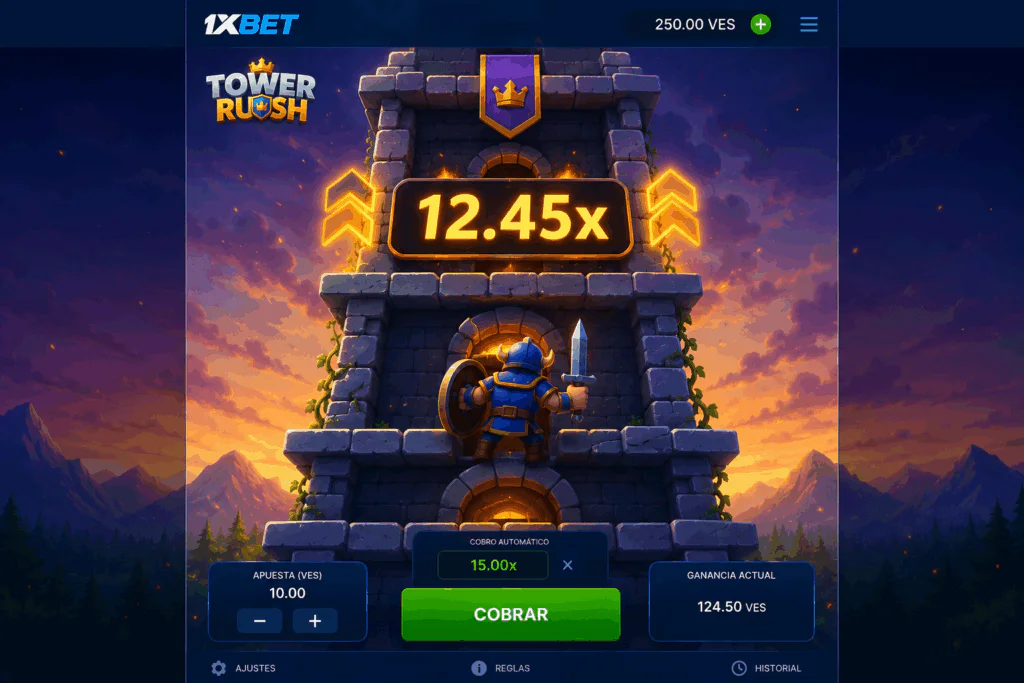 Interfaz principal con multiplicador creciente en Tower Rush de 1xBet - 1xbet-app-ve.com